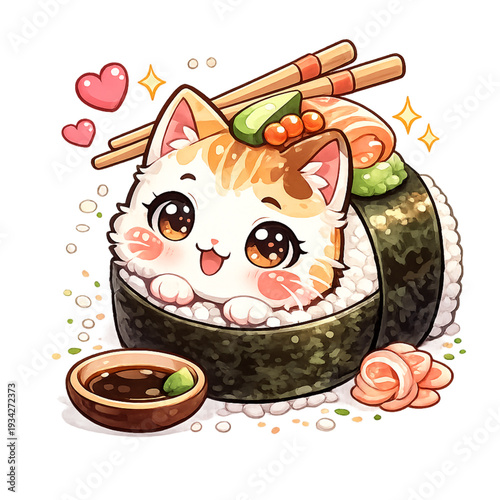 sushi kitten roll with cute toppings, adorable kawaii food fusion illustration, chubby kitten wrapped like sushi roll, playful nori seaweed detail, pastel salmon pink and mint palette, tiny sesame see
