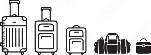 Various types of luggage and travel bags in a row