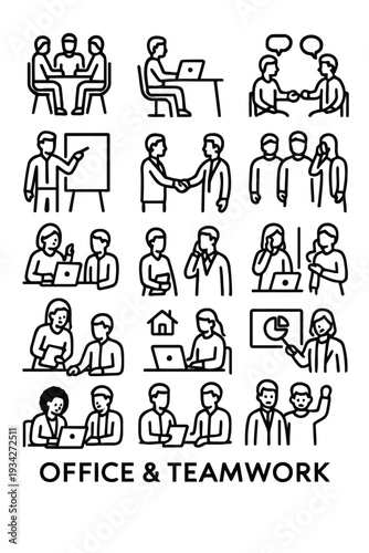 Collection of simple black line icons depicting various office and teamwork scenarios high quality professional
