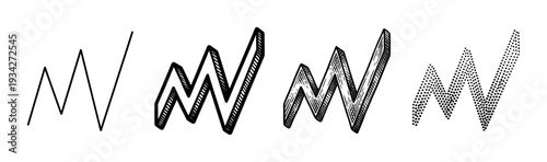 Abstract hand-drawn zigzag line graphs depicting fluctuating data and varying visual styles for progress.