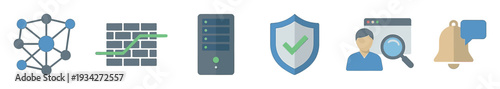 Technology icons representing network security and data management concepts for digital infrastructure solutions.