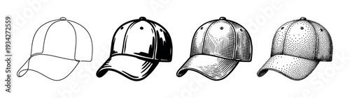 Four baseball caps depicted in various artistic drawing styles, showcasing different illustration techniques from outline to stippling.
