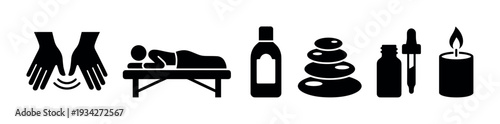 Spa and wellness icons representing relaxation and therapy elements including massage, hot stones, and aromatherapy for holistic well-being.