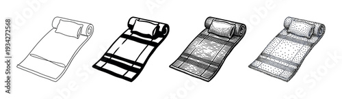 Four different styles of sleeping mat with pillow are depicted using diverse black and white illustration techniques.