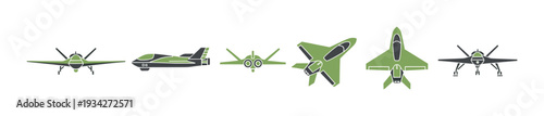 Collection of various stylized military aircraft, including fighter jets and drones, displayed in a modern flat design.