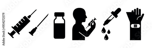 Medical injection vaccination medication treatment health care icons represent various aspects of healthcare and pharmaceutical processes.