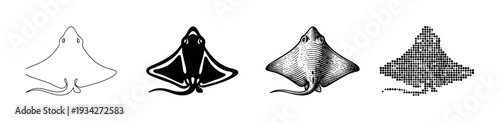 Four different stylized stingray illustrations showcasing various artistic drawing techniques and graphic design styles.
