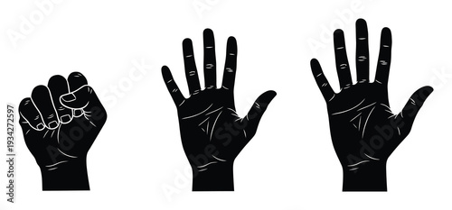 Black Silhouette Hands Showing Different Gestures: Fist, Five Fingers, and Two Fingers