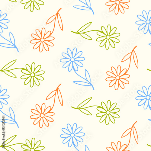 Seamless pattern of hand drawn wildflowers on isolated background. Holiday design for Easter, Mother’s Day, springtime and summertime celebration, scrapbooking, home décor.