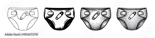 Baby diapers with safety pins are illustrated in a collection of four unique black and white drawing styles.
