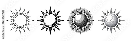Four different sun illustrations in various artistic styles showcasing diverse graphic representations of celestial light and warmth.