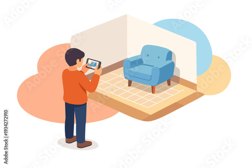 Man uses augmented reality app to place virtual furniture in room.