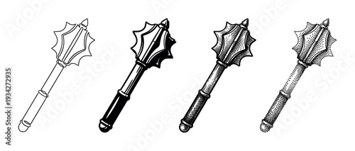 Medieval mace weapon set with various artistic styles showcasing different engraving and illustration techniques.