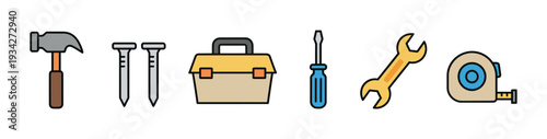 Essential construction and repair tools are depicted in a colorful, simplified graphic style, perfect for DIY projects.