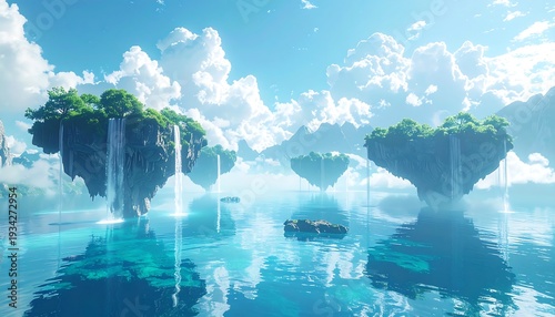 Floating islands with lush greenery and waterfalls in a serene ocean landscape viewed from a distance under a bright blue sky