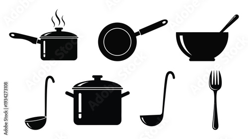 Collection of black and white kitchenware pots, pans, bowls, ladles, and fork