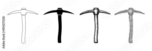 Four different styles of pickaxes are displayed in a row, showcasing various artistic interpretations of the classic mining tool.