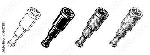 Four vintage spyglass telescope illustrations in various styles including outline, solid, hatched, and stippled designs.