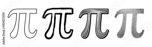 Pi symbol variations in various artistic styles illustrating the mathematical constant and geometric concepts.