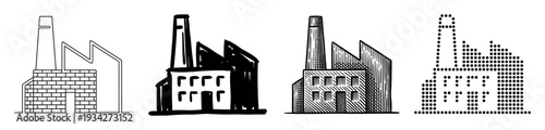 Four distinct industrial factory building illustrations showcase various artistic styles and graphic design approaches.