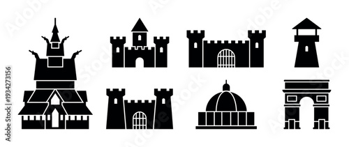 Architectural buildings and landmarks icons collection featuring various historical structures in a simple flat design.