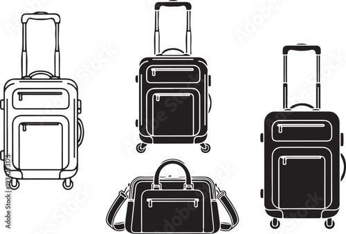Four wheeled luggage pieces in different orientations