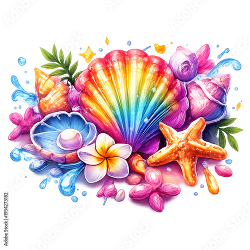 tropical seashells and beach treasures, vibrant coastal collection illustration, colorful seashell assortment design, coral reef inspired palette, turquoise aqua peach and sandy beige tones, starfish 