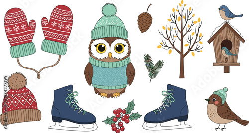 Cute Winter Clipart Set with Owl in Sweater, Ice Skates, Mittens, Birds, and Cozy Seasonal Elements for Christmas Design Vector Illustration