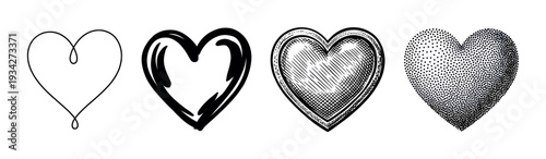Four distinct heart shapes illustrating various artistic styles and emotions, ideal for creative projects and heartfelt messages.