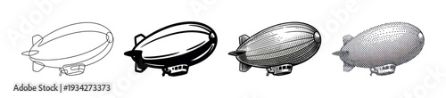 Four different blimps and airships are depicted in various artistic styles and graphic representations.