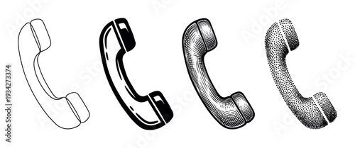 Four telephone receiver icons in various vintage styles representing communication, contact, and customer support services with different artistic textures.