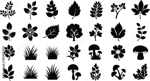 Minimalist black plant and leaf icon set flat design top view assorted foliage mushrooms flowers grass vector art for botanical themed interface ui and web projects