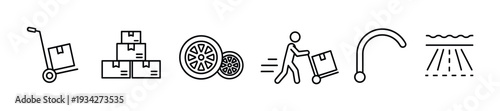 Logistics and delivery icons representing various transportation elements and supply chain processes in a clear line art style.