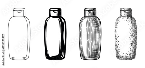 Four cosmetic bottles illustrated in various artistic styles, showcasing different techniques like outline, solid, engraving, and stippling for product design.