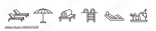 These pool and beach vacation icons represent summer holiday leisure activities and relaxation elements.