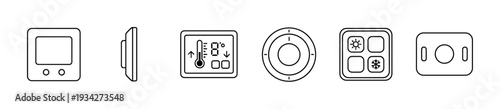 Thermostat icons set representing various climate control functions and settings for modern smart home automation systems.