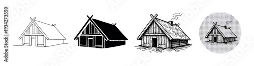 Viking longhouse illustrations depicting ancient Nordic dwellings with distinct thatched roofs and wooden walls.