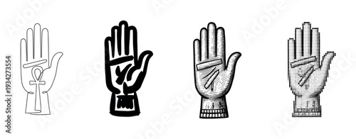 Four different stylized human hands depicted in various artistic styles, showcasing diverse graphic representations of the human palm.