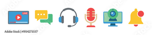 Streaming and communication icons representing live video, chat, audio, and notifications for digital content creation.
