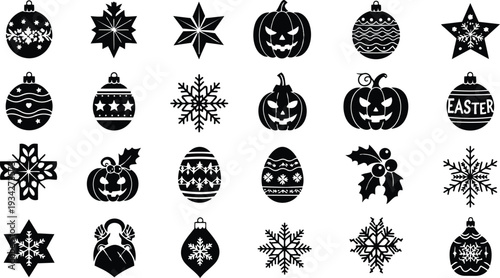 Flat black and white holiday icon set close up grid of ornaments snowflakes pumpkins and easter eggs vector art isolated on white background with bold silhouettes