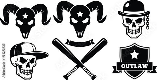Grunge vector skull set with horned ram skull and crossed baseball bats plus outlaw shield and varied skulls wearing cap and bowler hat close up front