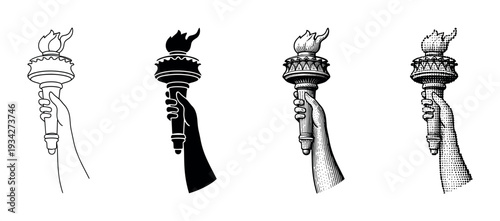 Hand holding a torch illustration set in different artistic styles symbolizing liberty and guidance.