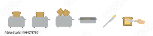 Toast preparation process illustrated with toaster, bread, and butter spreading steps for a warm morning meal.