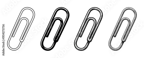 Four distinct paperclip icons representing various styles of office stationery for document organization and attachment.