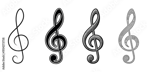 Four distinct treble clef musical symbols showcasing various artistic styles and graphic interpretations.