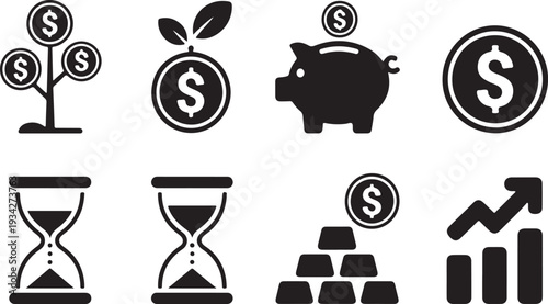 Collection of financial and investment icons representing money growth and savings