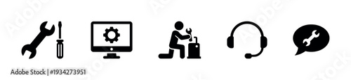 Service and support icons representing various technical assistance, repair, and customer care solutions for modern businesses.