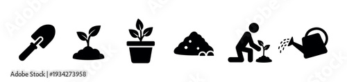 Gardening and planting process icons illustrating growth stages from seed to mature plant with essential tools and care.