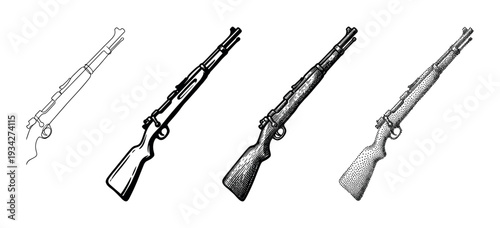 Vintage rifle weapon illustrations presented in distinct artistic styles such as outline, solid, crosshatch, and stipple.
