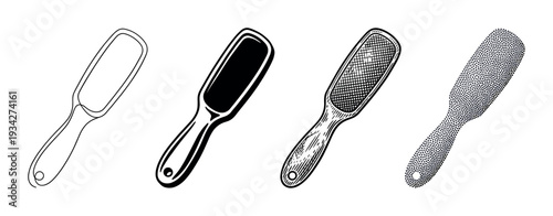 Foot file callus remover tools are depicted in a set of four distinct black and white illustrations for personal care.